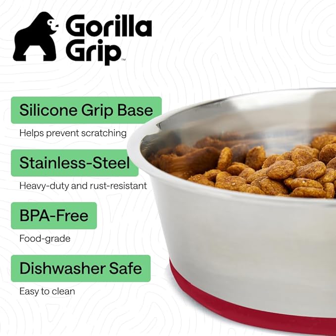 GORILLA GRIP Dog Bowls, Holds 1 Cup Each (8 fl oz), Heavy Duty Stainless Steel Food and Water Bowl for Feeding Dogs and Cats, Dishwasher Safe, Rust Resistant Metal, BPA Free Rubber Base, Set of 2 Red