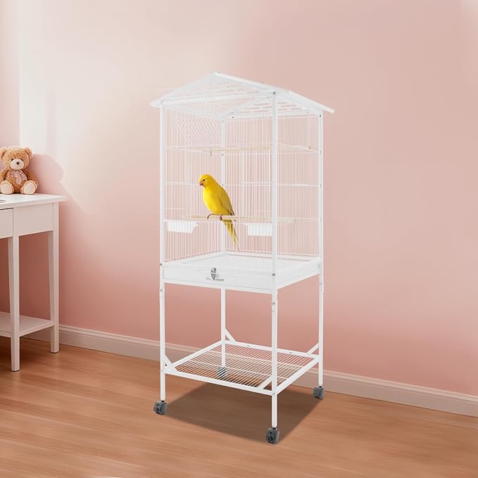 54 Inch Metal Bird Cage, Interactive Double-Door Open Top Bird Cage with 4 Feeding Windows Tray, Lockable Wheels Mobile Pet Birdcage for Parrots, Budgerigars, Parakeets, Lovebirds(White)