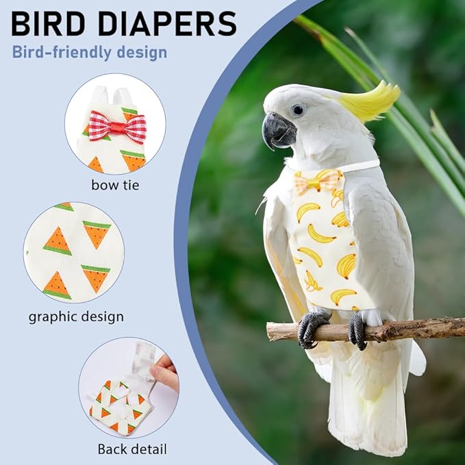 SUPERFINDINGS 6Pcs Bird Diaper Reusable Parrot Nappy with Washable Waterproof Cute Urine Wet Suit Red White Yellow Costume Cockatiel Clothes with Elastic Rope for Parrots Cockatiel Pet Birds(S-M)