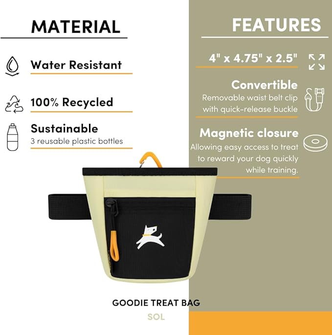 OllyDog Goodie Treat Bag, Dog Treat Pouch, Waist Belt Clip for Hands-Free Training, Magnetic Closure, Dog Training and Behavior Aids, Three Ways to Wear (Sol)
