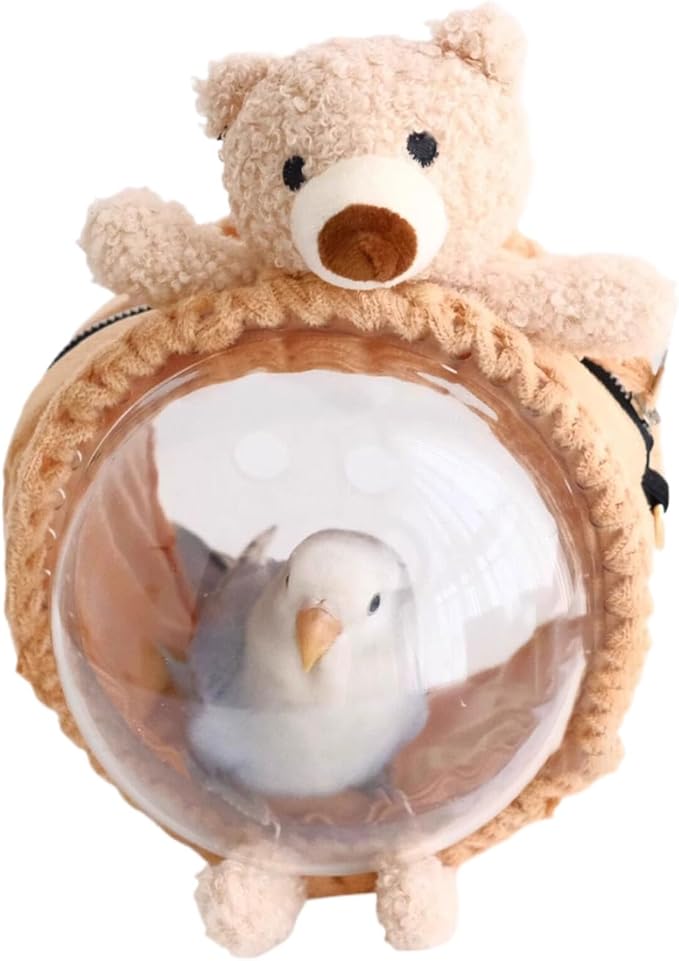 MANON ROSA Bird Carrier Backpack – Breathable Travel Bag with Clear Dome, Cute Cozy and Lightweight for Small Parrots Parakeet Lovebirds Budgie Cockatiel Sugar Gliders Hamsters Rabbits (Bear,Small)
