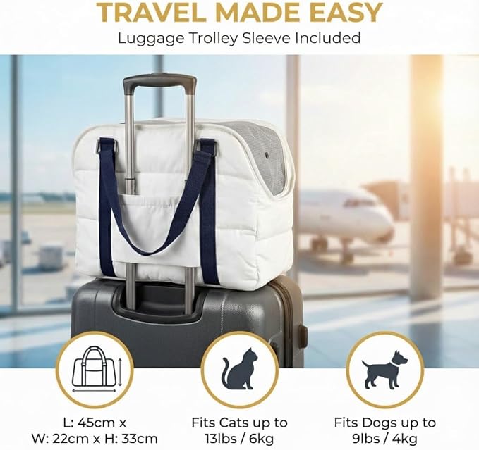 Small Dog Purse Bags,Dog Carrier Purses with Secure Harness Clip,Cotton Padded Interior, Durable Travel Pet Bag with Adjustable Strap,White