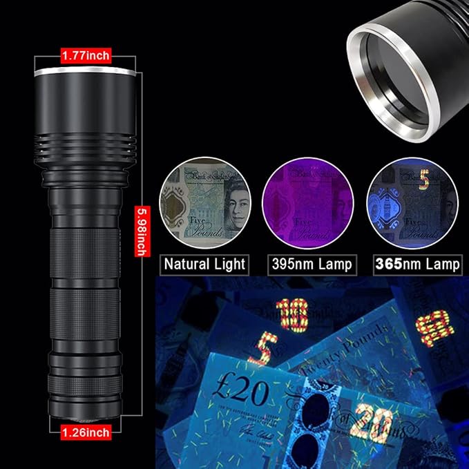 LED 365nm Pro Flashlight Blacklight, Portable Rechargeable Black Light with 4 Best LEDs for Pet Urine Detection, Dry Stains