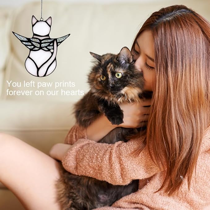 Angel Cat Memorial Present Ornaments, Acrylic Window Hanging Decorations for Cat Lovers, Angel Wings Suncatcher Decor, Pet Memorial Sympathy Present Statue (White)