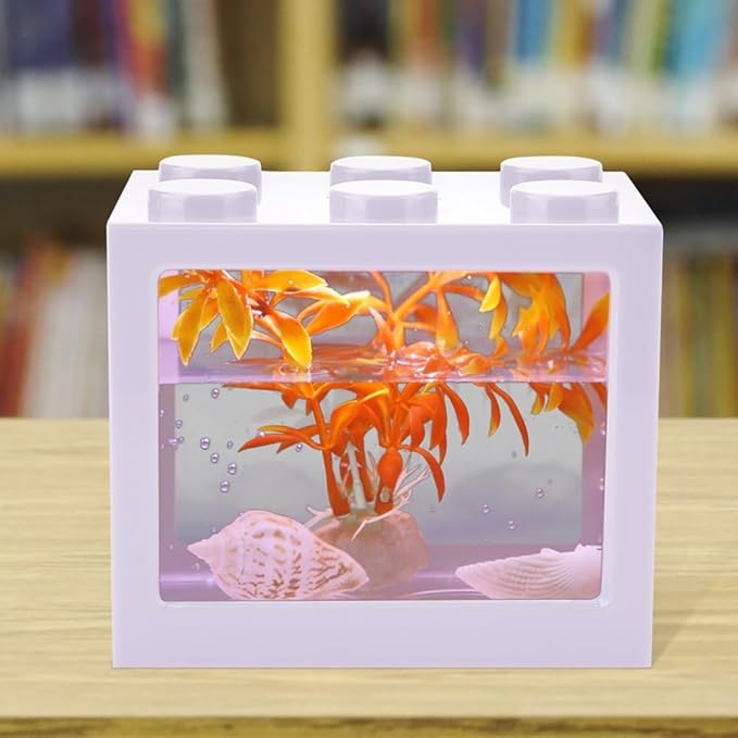 Mini USB LED Aquarium Fish Bowl Plastic Tank with White Light for Desk Tabletop Decor Energy-Saving Office Accent(White)