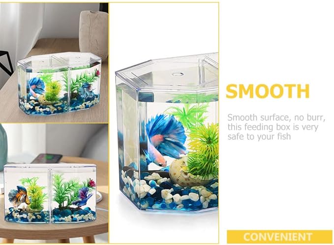 Acrylic Fish Tank Isolation Box with Two Compartments 7.87X4.72X4.33 Inch Clear Octagonal Breeding Tank for Betta and Small Tropical Fish Home Aquarium