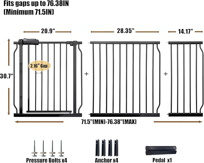 Baby Gates Extra Wide 71.5-76.4 Inch Large Baby Gates for Stairs Tension Pet Dog Gates Indoor for Doorways No Drilling Pressure Mounted Pet Gates for Kids