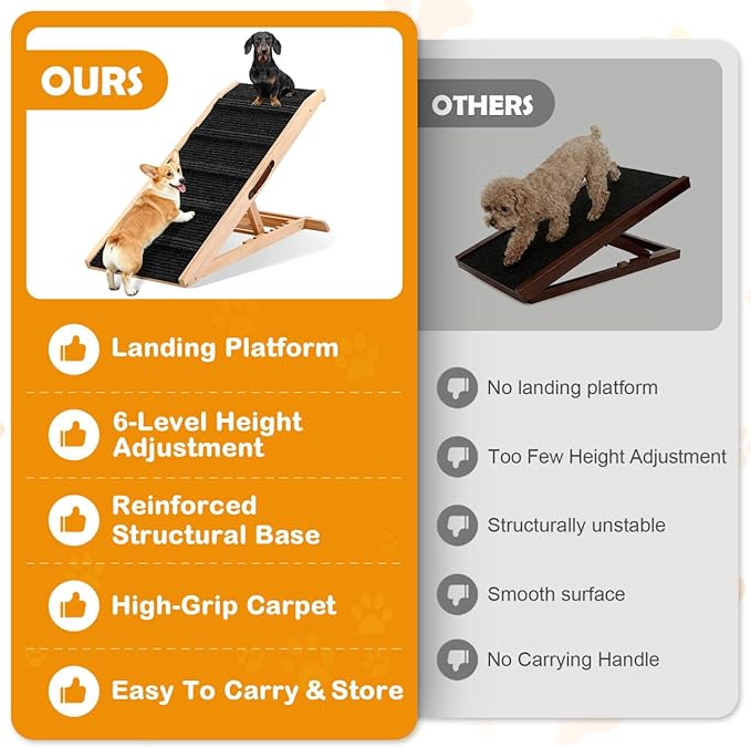 43" Long Dog Ramp with Landing Platform for Bed, Couch & Car - 6 Level Adjustable Height (10.8" to 23.6"), Foldable Wooden Pet Ramp with Non-Slip Surface, for Small, Medium & Old Dogs Up to 140 LBS
