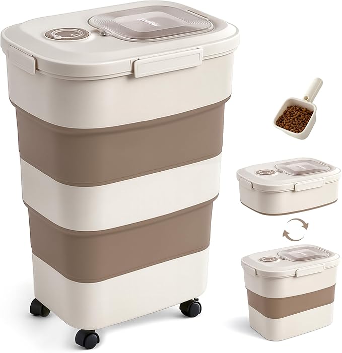 40-50lbs Dog Food Storage Container, Large Capacity Collapsible Airtight Pet Food Storage Containers with Rolling Wheels, Transparent Lid, Scoop and Date Track, Brown