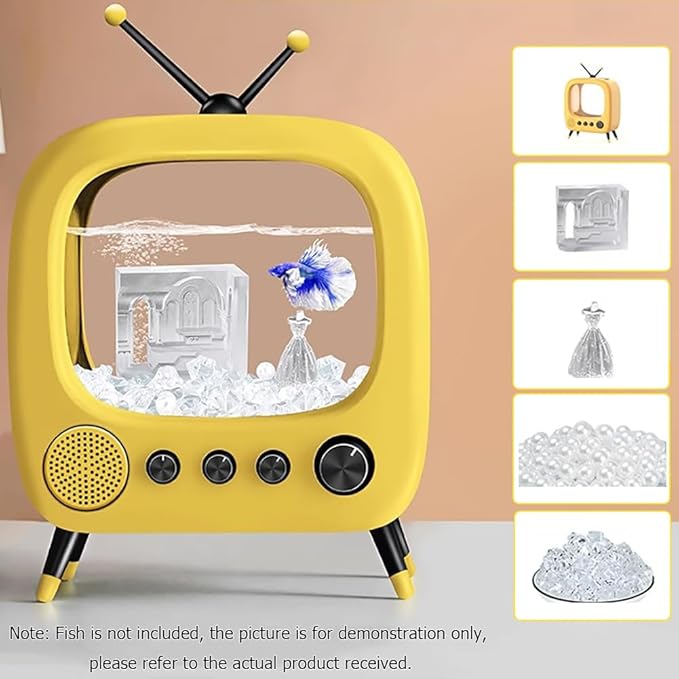 Fish Tank Mini Aquarium,Realistic TV Styling,Small Betta Fish Tank Starter Kit,Desktop Fish Bowl for Desk Display with Lights,Helping Cats Fight Depression,Yellow c