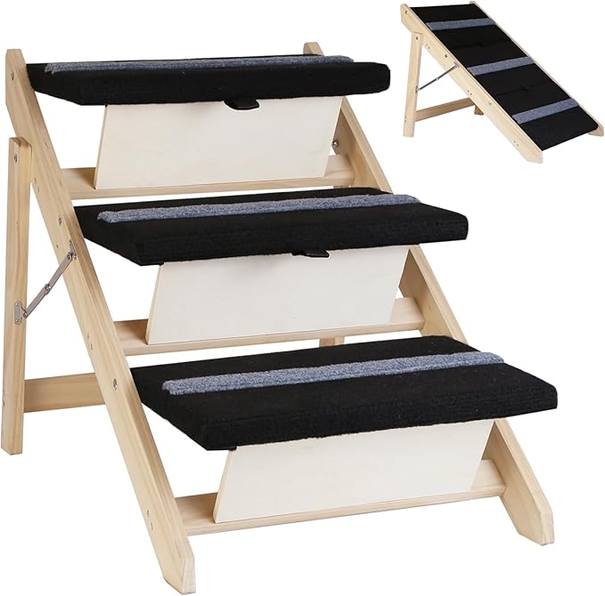 2-in-1 Indoor Pet Ramp, Wooden Folding 3-Tier Pet Stairs with Non-Slip Carpeted Steps, Ramp Perfect for Bed and Couch
