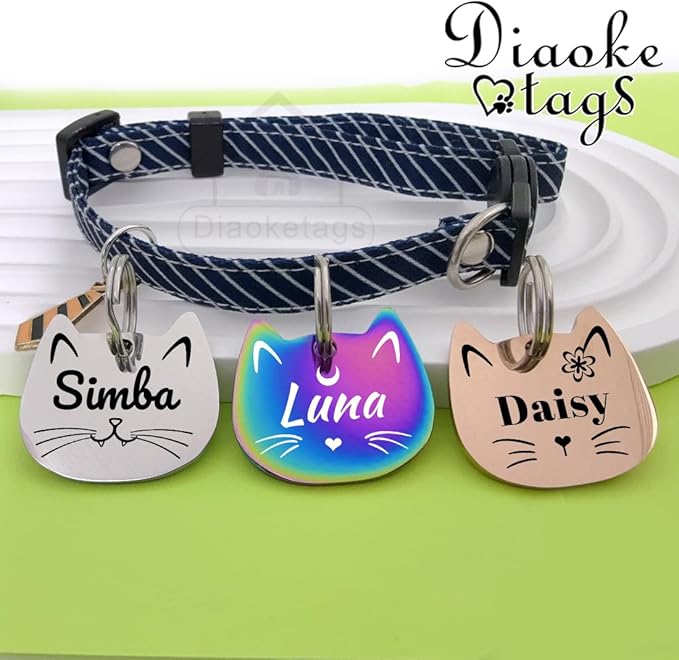 Stainless Steel Cat ID Tag Personalized Pet Tags with up to 4 Lines of Custom Text, Small Pet Mini Dog Cat Tag Lightweight, Engraved on Both Sides, Multiple Patterns Colors Size Options (cat)