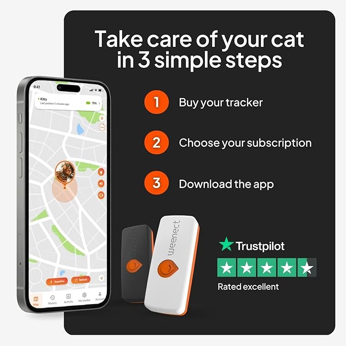 Weenect Cat XS - New GPS Tracker for Cats | Real-time Mini GPS Tracker for Cats | Smallest Model on The Market | Collar Included | Subscription Required