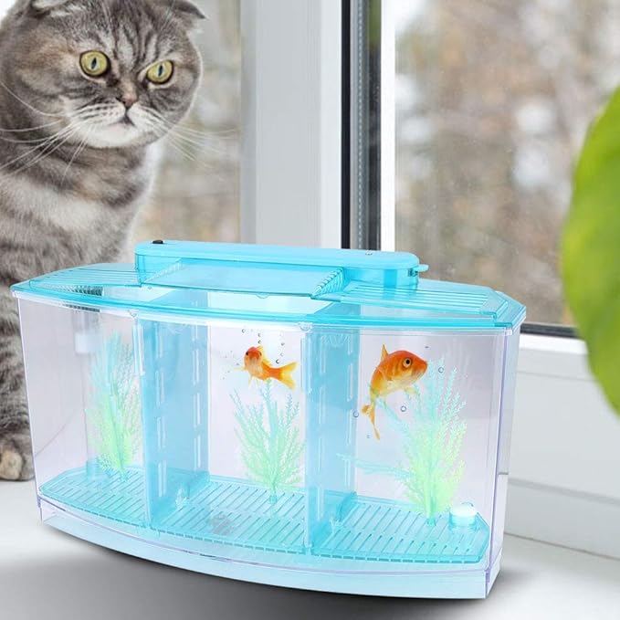 LIZEALUCKY Betta Fish Tank, Adjustable LED Light Acrylic Small Aquarium, Fish Tank Starter Kit with Isolation Plates and Water Change Valve, Blue