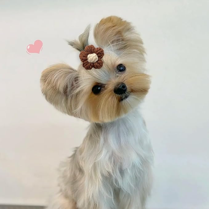 20 Pcs Small Dog Hair Bows with Rubber Bands Handmade Puppy Hair Bows Cute Grooming Flower Ball Bowknot Top Knot Dog Hair Accessories Hair Ties for Yorkie Maltese Pet (Brown)