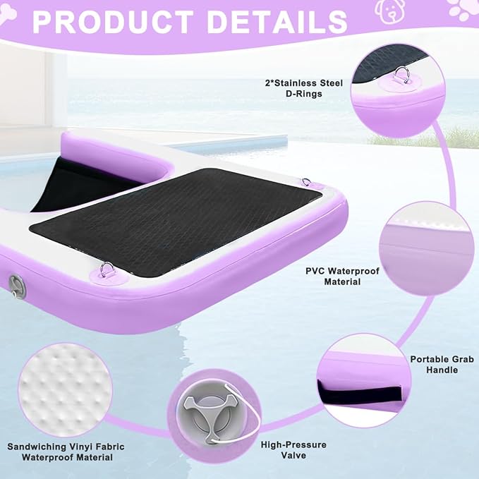 Inflatable Dog Water Ramp, Non-Slip Floating Dock Ladder for Pools, Boats & Lakes, Pool Ramp for Dogs Up to 200 Pounds, Purple