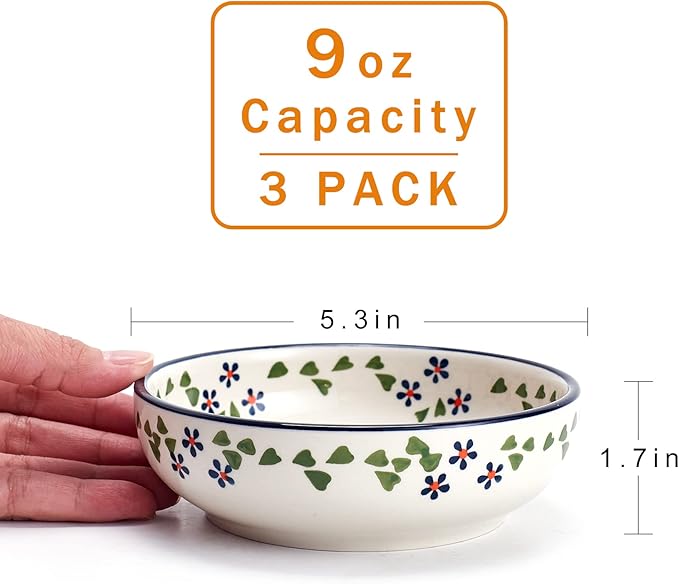 Ceramic Cat Bowls, Howise 5.3 in Cat Food Bowl, Cat Dishes for Food and Water, 3 Pack Shallow Pet Bowls for Indoor Cats, Floral Blue