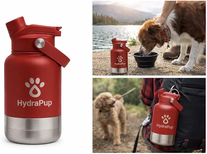 32oz Insulated Water Bottle with Dog Bowls – Human & Pet Shared Use, Stainless Steel Leakproof Travel Bottle (Crimson Red)