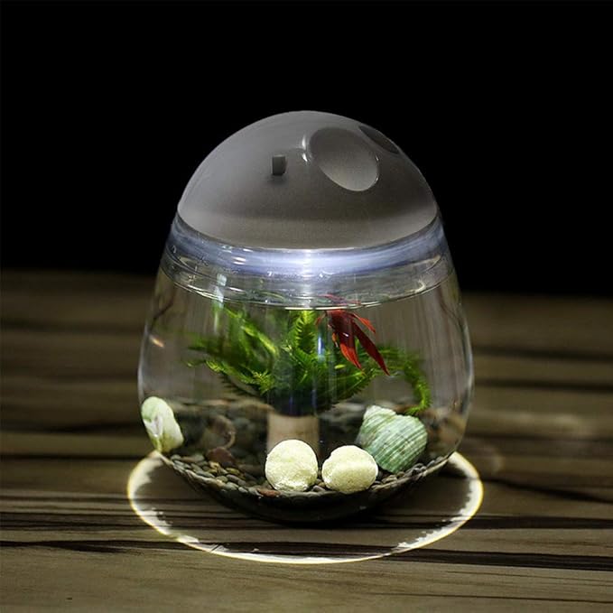 Mini Betta Fish Tank, Small Fish Bowl, Plastic Fish Tank with Lid, Desktop Clear Round Fish Bowl and LED for Small Fish, Insect, Shrimp, Crab, Jellyfish Goldfish, Room Decor (with Charger Pattern)