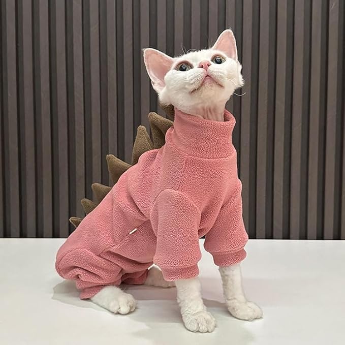 Sphynx cat Clothes, Dinosaur Costume, Hairless Cats Warm Clothes for Cornish Rex and Devon Rex (Red, M(3.5-5.5lbs))