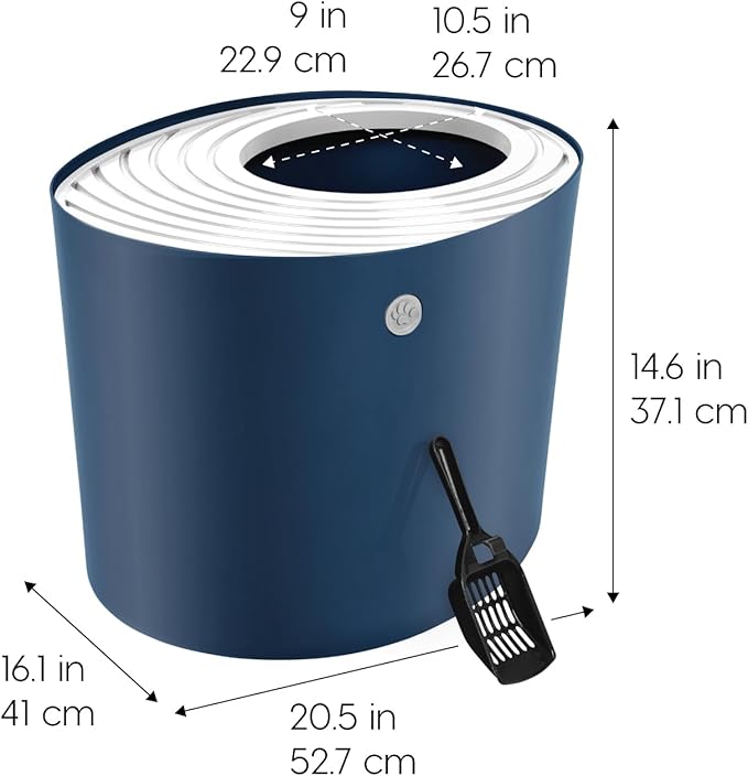 IRIS USA Large Top Entry Cat Litter Box with Lid Enclosed Covered Hooded Design Litter Catching Scatter Shield Pan Dog Proof Pet Proof Scoop Included Odor Control for Indoor Cats Kittens, Navy/White