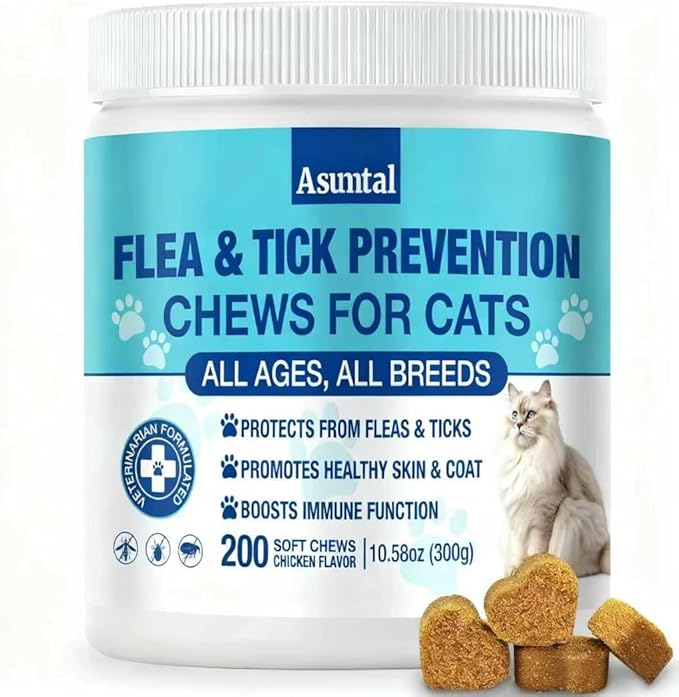 Flea and Tick Prevention for Cats Chewable, Natural Cat Flea Treatment, Oral Kitten Cat Flea & Tick Control, Flea Pills Supplement with Vitamins Support Immune, Skin & Coat, 200 Soft Chews (Chicken)