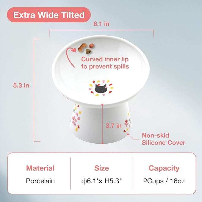 Necoichi Raised Cat Food Bowl – Ceramic Elevated 15° Tilted Bowl for Whisker Fatigue, Dishwasher & Microwave Safe, Non-Slip Anti-Vomiting Ergonomic Design (Sakura Floral, Extra Wide, 1.5-Cup Capacity)