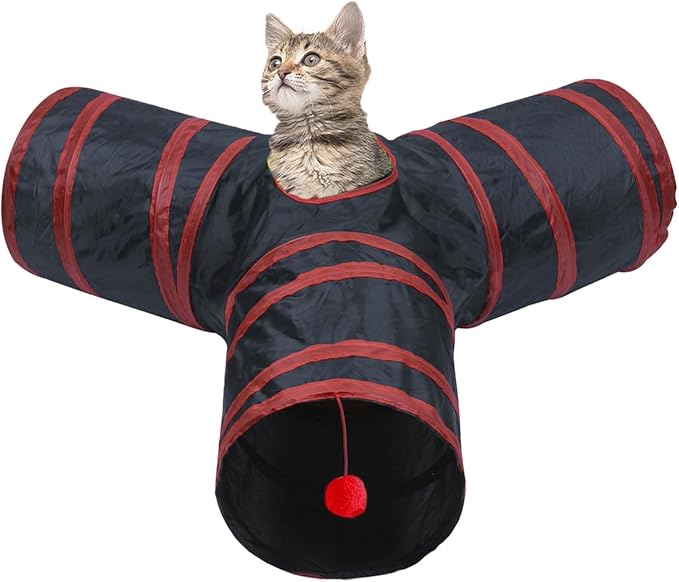 3 Way Cat Tunnel Collapsible Fun Pet Play Tube Toys for Cats, Kittens, Puppies & Rabbits - Portable Tunnel with Hanging Ball for Indoor Play, Hideout & Exercise