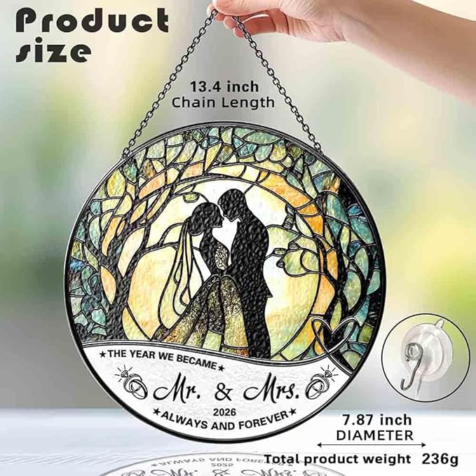 Stained Glass Suncatcher - Mr & Mrs 2026 Wedding Keepsake, Bridal Shower Gift for Newlyweds,Wedding Anniversary Keepsake, Suncatchers for Windows Hanging - Bride's Home Decoration or Ceremony Souvenir