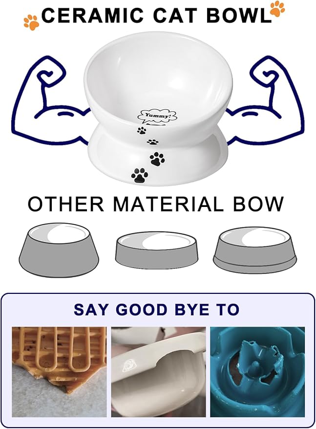 Y YHY Elevated Tilted Cat Bowl, Raised Pet Bowl for Adult Cats or Dogs, Ceramic Food Dish 10 oz, White