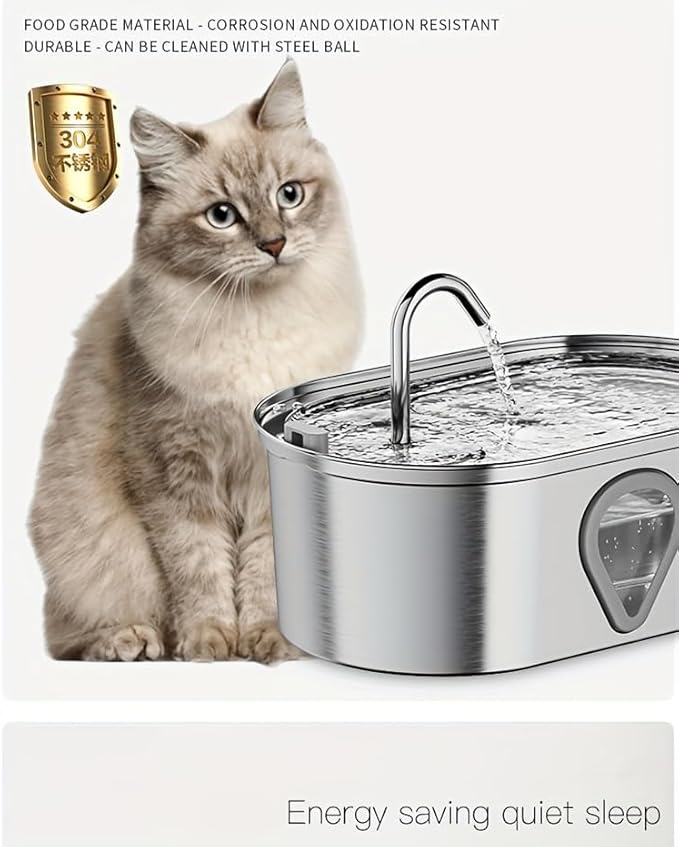 NPET WF170 Cat Water Fountain Stainless Steel: 3.5L/118oz Pet Fountain Water Bowl Dog Drinking Dispenser Dish Animal Feeding & Watering Supplies with 8 Replacement Filters (Water Fountain+8 Filters)