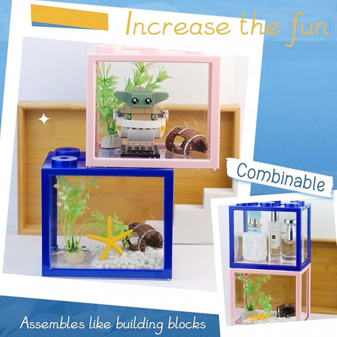 Small Betta Fish Tank, Stackable Mini Fish Tank Tiny Aquarium Tank Kit with Aquarium Gravel & Resin Decorations, 0.6 Gallon Cube Desktop Fishbowl for Snails, Crabs, Starfish (Pink)