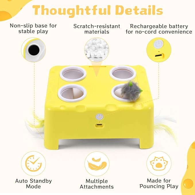 Interactive Cat Toy for Indoor Cats, 3 Modes Feathers Toy, Rechargeable 4 Holes Mole Cat Toys, Cheese Box for Kitten, 4 Accessories (Yellow)