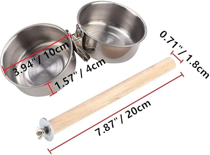 Bird Perch with Feeder CupsBowls Stainless Steel Odorless with Holder Hanger for Outside Durable Water Food Dispenser for Parakeet Cockatiel Conure African Grey Macaw Cage Accessories (B-20CM)