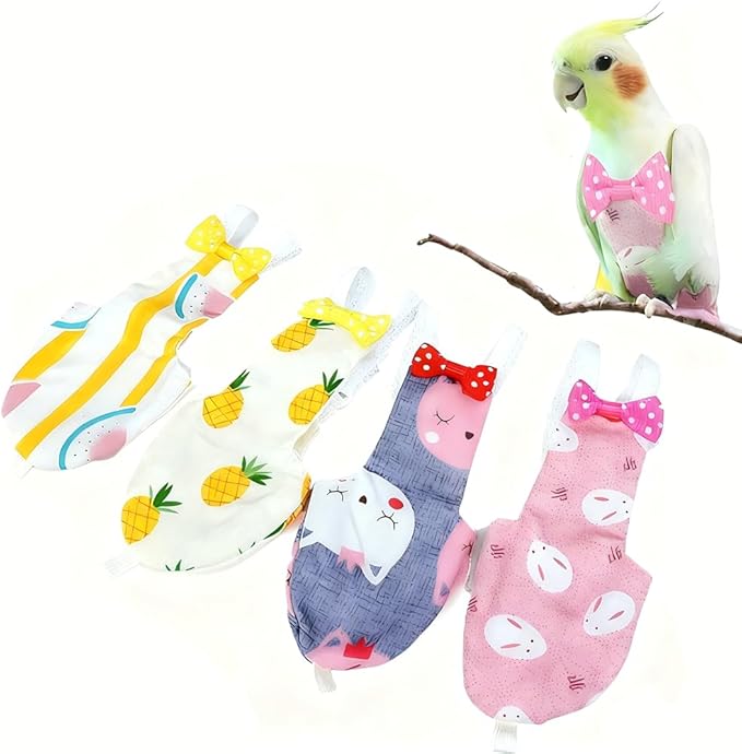 Bird Clothes, 4-Pack Reusable Bird Diapers with Adjustable Strap for Small and Medium Parrots, Cockatiels, Lovebirds, Parakeets (S)