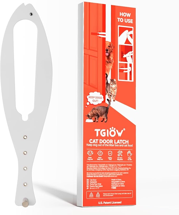 TGIOW Cat Door Latch, 1 Pcs Cat Door Stopper Pet Door Latch to Keep Dog Out of Litter Box and Food, Door Prop for Cat with 5 Adjustable Size Strap 2.5-6" Wide, No Measuring, Easy to Install, White