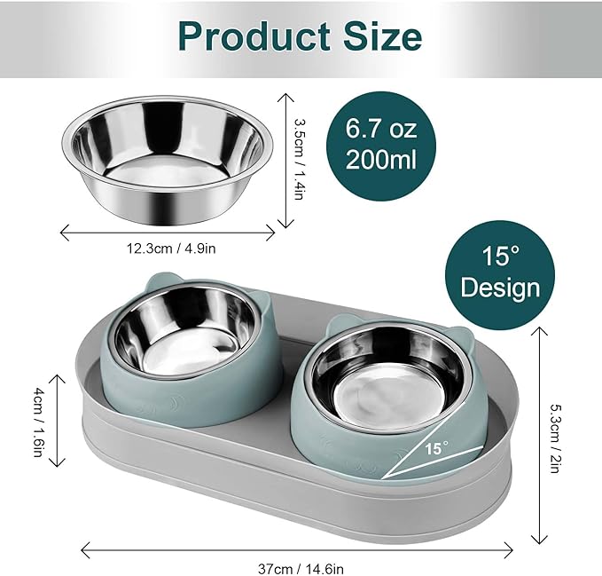 Elevated Raise Tilted Cat Food Bowls,with Stand Stainless Steel, Anti Vomiting, Double Cat Food and Water Bowl Set (Grayblue)