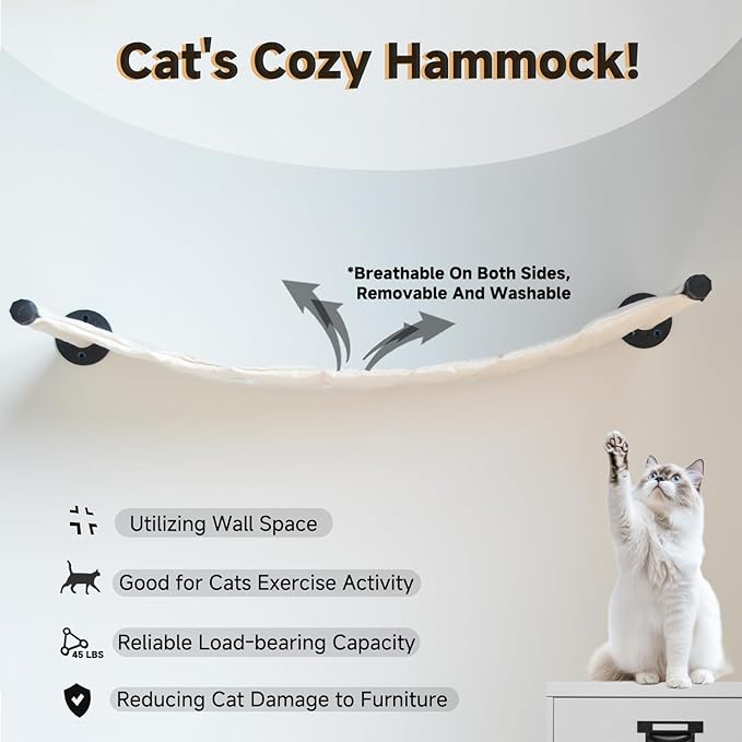 Cat Hammock Wall Mounted, 35.43 x 12.99 inch Wall Mounted Cat Shelves, Metal Brackets cat Beds for Sleeping, Playing, Climbing and Resting Stabilized Wall Furniture for Large Cats or Kitty