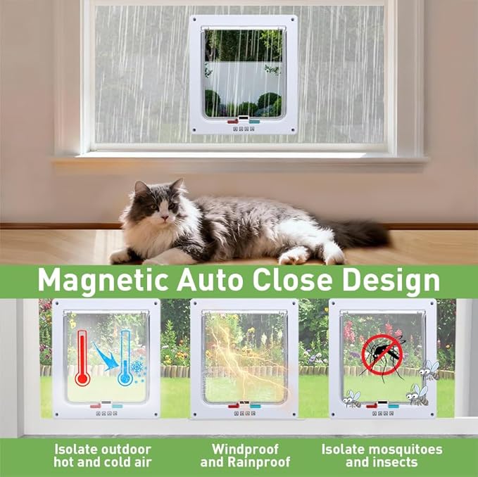 Cat Door for Window, Safety Cat Window with 4 Way Lock, Pet Friendly Cat Door Window Insert, Ease of Installation, Magnetic Closure, Weatherproof Design, Frosted Plexiglass 18"-28"