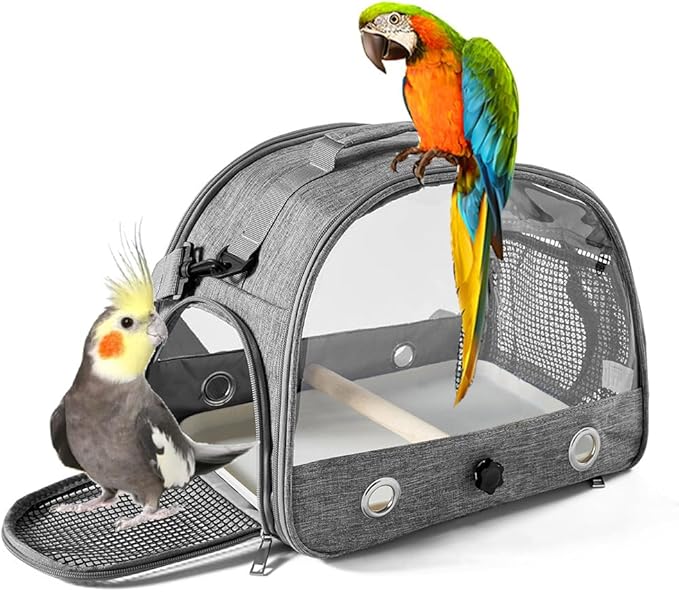 Portable Bird Carrier Bag, Parrot Breathable Shoulder Bag, Travel Parakeet Travel Cage with View Window, Small Bird Rat Clear Cage with Standing Perch Tray, Pet Outdoor Vet Visit Holder Handbag
