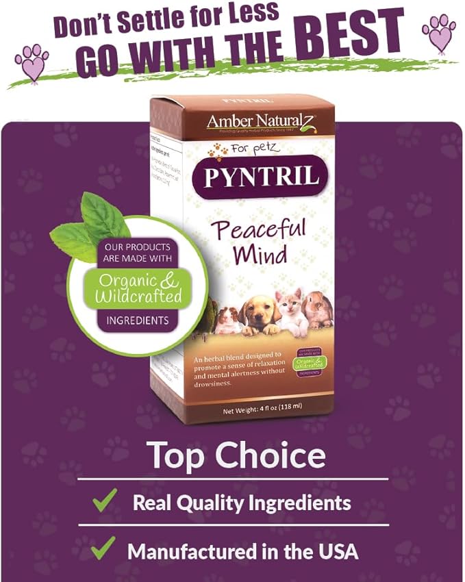 AMBER NATURALZ Pyntril Peaceful Mind Herbal Supplement for Dogs, Cats, Birds, Guinea Pigs, and Rabbits | Herbal Pet Supplement for Relaxation | 4 Fluid Ounce Glass Bottle | Manufactured in The USA