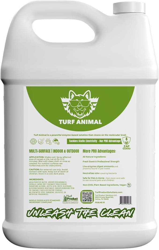 Turf Animal Pet Stain & Odor Remover for Strong Odors & Stubborn Stains – Natural Enzyme Odor Eliminator for Indoor Carpet & Outdoor Artificial Turf – Enzymatic Dog & Cat Urine Destroyer, 1 Gallon