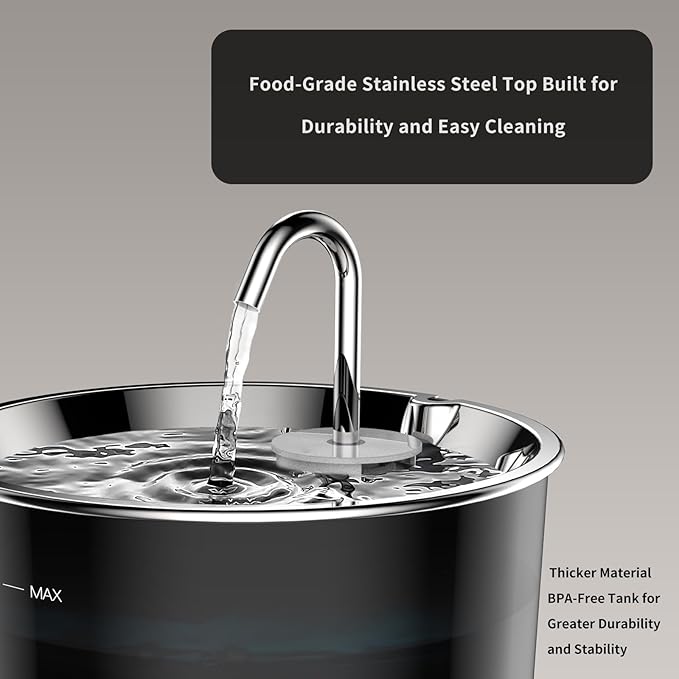 Cat Water Fountain Stainless Steel,3 L/ 101 oz Pet Water Fountain with 5-Stage Circulating Filtration System,Cat Fountain with Quiet Pump for Cats, Dogs (4 Filters + 4 Sponges)