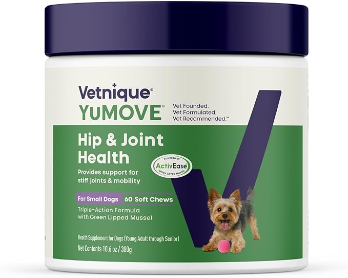 YuMOVE Hip & Joint Supplement for Dogs - Clinically Proven Glucosamine, Green Lipped Mussel, Hyaluronic Acid & Omega 3 Supports Mobility, Flexibility & Joint Comfort - 60 Chews (Small/Medium Dogs)