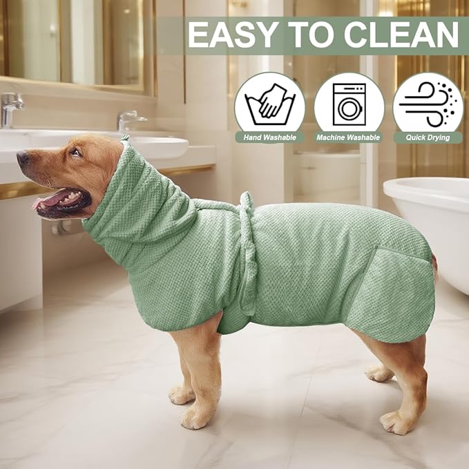 Medium to Large Size Dog Bathrobe, Quick Drying Super Absorbent Used for After Bathing, Warm Dog Towels, Adjustable Hoodies and Belts for Pet Dogs Bath Clothes Products (Green Jacquard, 3XL)