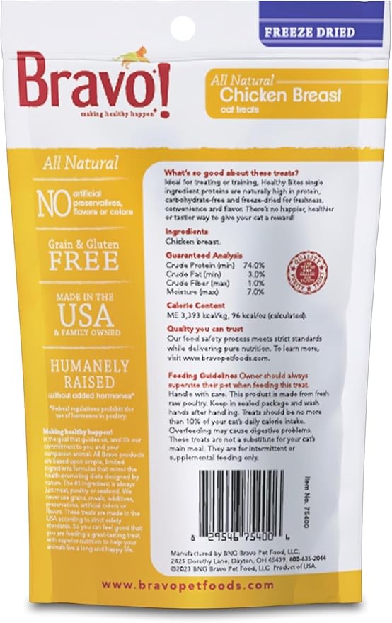 Bravo! Healthy Bites Single Ingredient Freeze Dried Raw Cat Treats, Chicken Breast, 1.5 Ounce, High Protein, Grain Free, Gluten Free