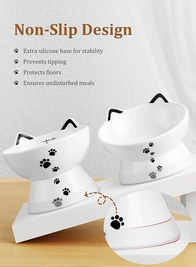 Yedio Porcelain Raised Cat Bowl, No Spill Cat Water Bowl with Anti Slip Band, Elevated Porcelain Pet Bowl Protect Pet's Spine, Large Capacity Pet Water Bowl, 15 oz, Dishwasher Safe