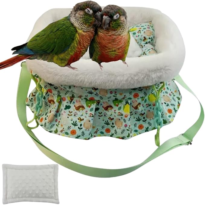 2 in 1 Warm Bird Carrier Bag, Bird Hammock Bed for Cage, Winter Travel Bag, Portable Parrot Outing Bag for Lovebird, Budgie, Conure, Quaker, Small Medium Birds (Green,Medium)