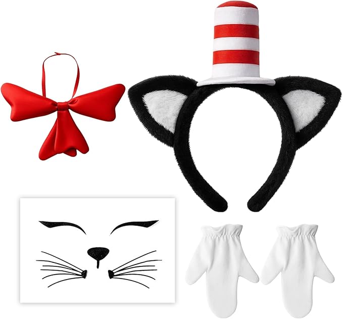 Cat Ears Headband and Bow Tie Set, Red and White Hat Cat Ears Hairband, Cat Hat Costume Accessories for Cosplay, Halloween, Theme Party, Includes Headband, Gloves, Bow Tie, Face Stickers
