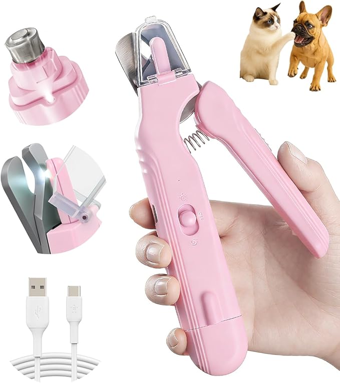 2-in-1 Dog Nail Clipper & Nail Grinder with 2 LED Lights Splash Guard for Large Medium Small Cats Dogs Pets Paw Trimmer Claw Grinders USB Rechargeable (Pink)